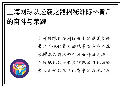 上海网球队逆袭之路揭秘洲际杯背后的奋斗与荣耀